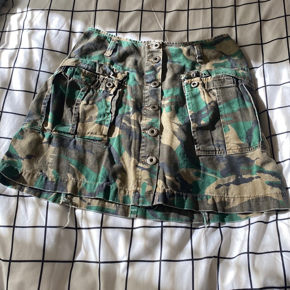 Silver jeans, vintage camo skirt